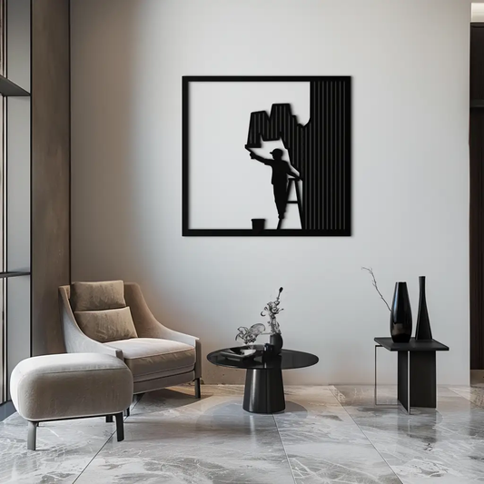 Painter silhouette metal wall art in black steel, square framed modern wall decor on Tampa Home & Garden Store