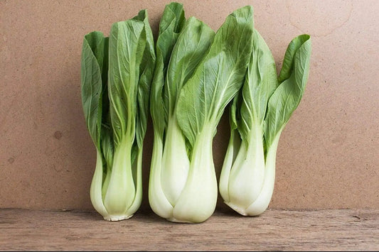 Pak Choi bok choy heads with pale white stalks and dark green leaves, four bunches on Tampa Home & Garden Store