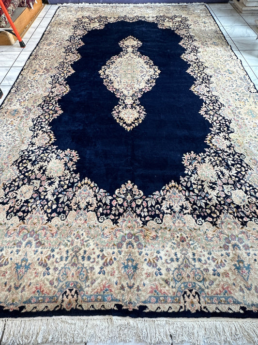 Palace-Size Vintage Royal Kirman Wool Rug – 9’9” x 17’2” – Hand-Knotted Persian Elegance with Deep Navy Field - Tampa Home & Garden Store