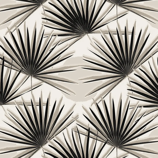 Palm Deco Wallpaper by Samantha Santana Creative in black and neutral pattern on Tampa Home & Garden Store