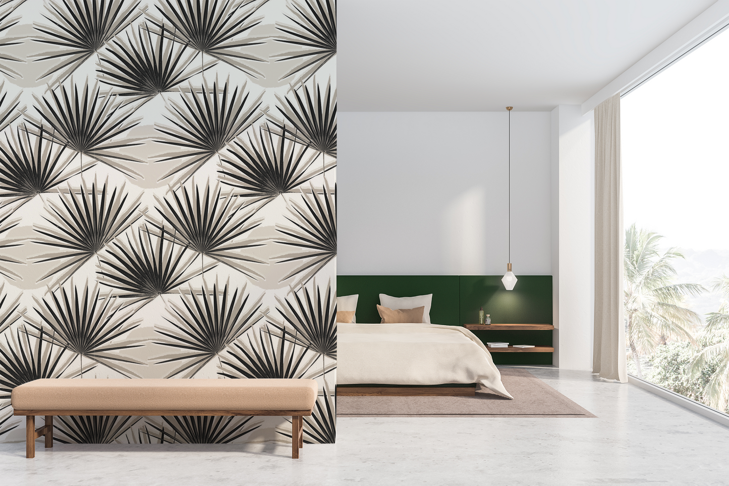 Palm Deco Wallpaper, black and neutral - Tampa Home & Garden Store