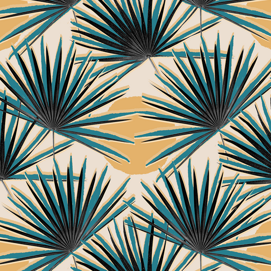 Palm Deco Wallpaper blue and orange palm frond pattern for tropical rooms on Tampa Home & Garden Store