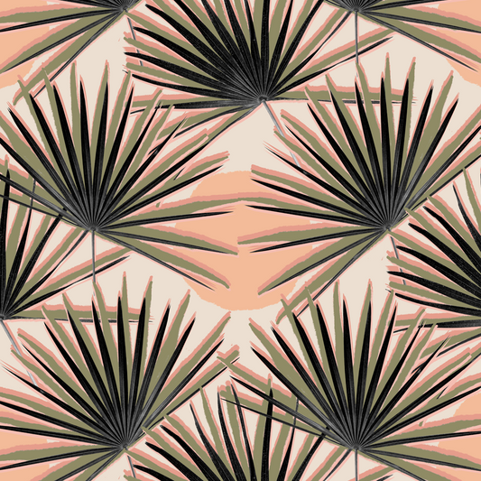 Palm Deco Wallpaper by Samantha Santana Creative in coral and olive tropical palm leaf design on Tampa Home & Garden Store