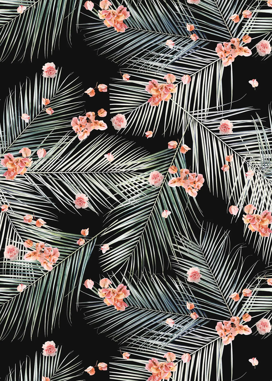 Palm Petal Wallpaper Black featuring pale palm fronds and peach blossoms on Tampa Home & Garden Store