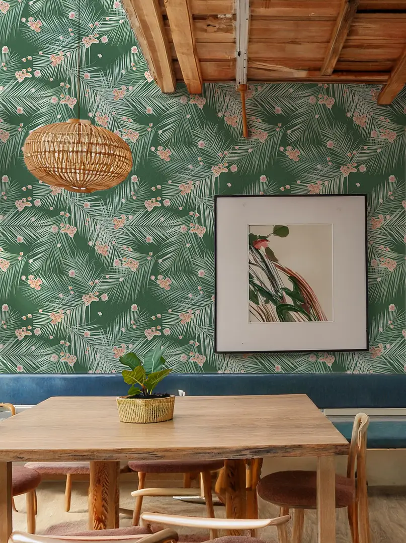 Palm Petal Green Floral Wallpaper by Samantha Santana Creative with palm leaves on Tampa Home & Garden Store