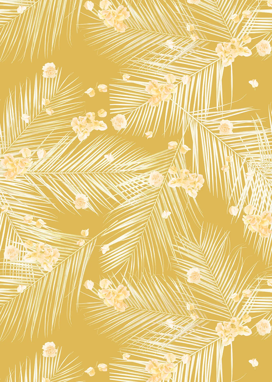 Palm Petal Wallpaper mustard color with white palm leaves and peach blooms Samantha Santana on Tampa Home & Garden Store