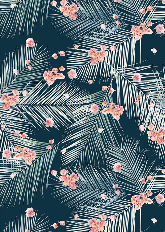 Palm Petal Wallpaper navy floral pattern with pale palm fronds and pink blossoms on Tampa Home & Garden Store