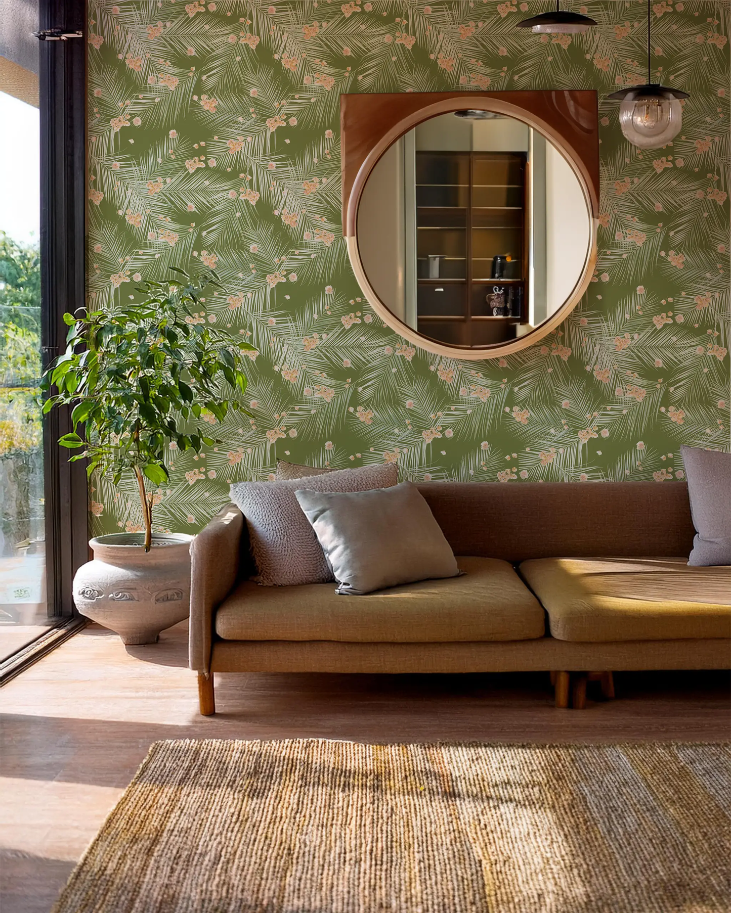 Palm Petal Wallpaper Olive Green palm frond with pink blossoms by Samantha Santana Creative on Tampa Home & Garden Store
