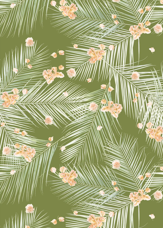 Palm Petal Wallpaper Olive Green with peach blossoms and palm fronds Samantha Santana Creative on Tampa Home & Garden Store