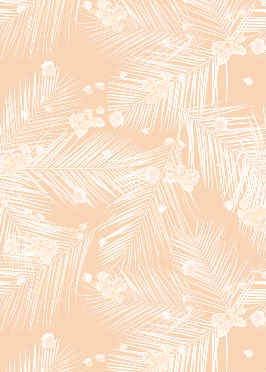 Palm Petal Peach Wallpaper with white palm leaves and floral accents on peach backdrop on Tampa Home & Garden Store