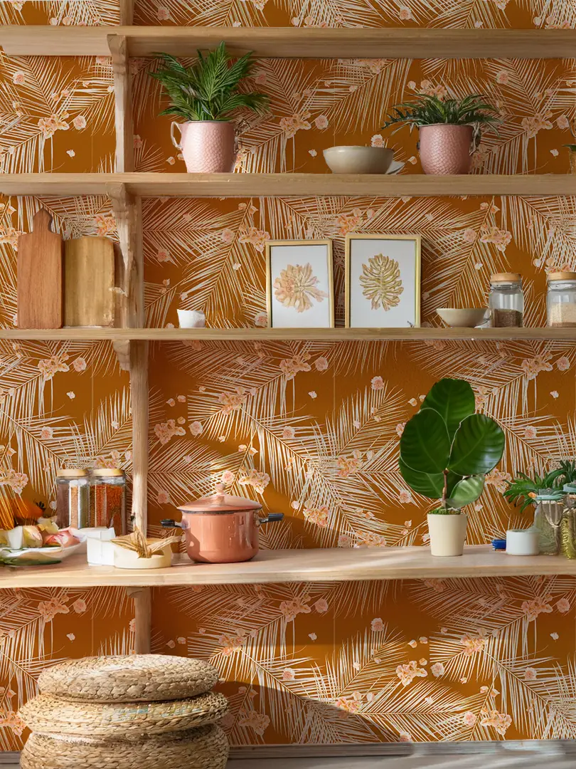 Palm Petal Wallpaper Rust Floral Artwork rust orange palm leaf backdrop on Tampa Home & Garden Store