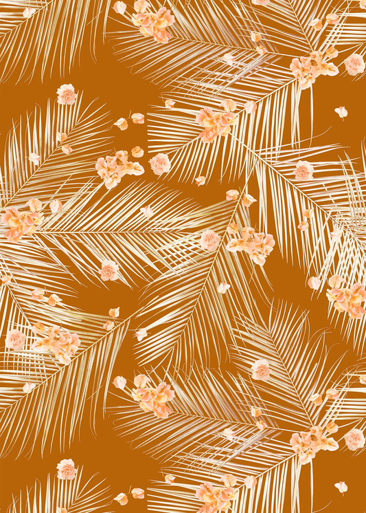 Palm Petal Wallpaper Rust Floral Artwork with cream palm fronds and peach blossoms on rust on Tampa Home & Garden Store