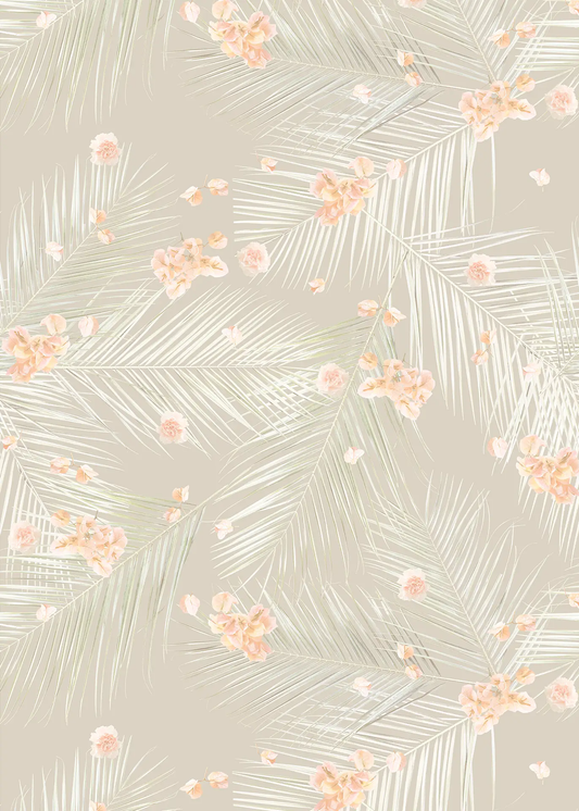 Palm Petal wallpaper tan floral pattern with pale palm fronds and peach blossoms on Tampa Home & Garden Store