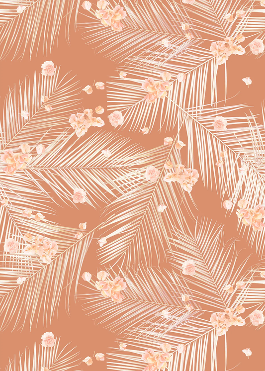 Palm Petal Wallpaper terracotta white palm fronds and pink blossoms by Samantha Santana on Tampa Home & Garden Store