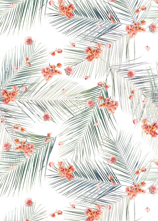 Palm Petal Wallpaper White Floral Design with palm leaves and pink blossoms on Tampa Home & Garden Store