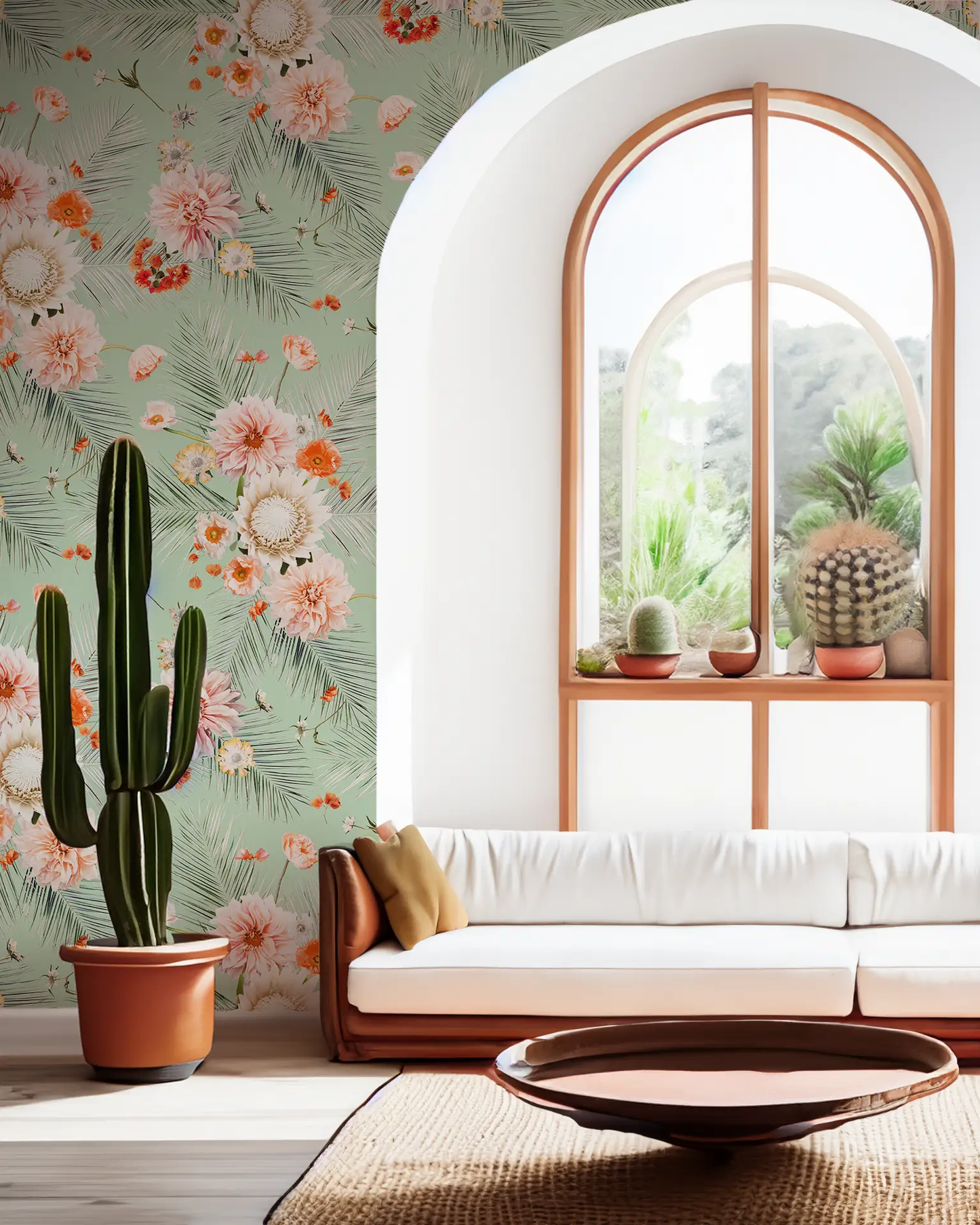 Palm Springs Wallpaper Mint Floral Photo Art mint background with pink blooms and palm leaves on Tampa Home & Garden Store