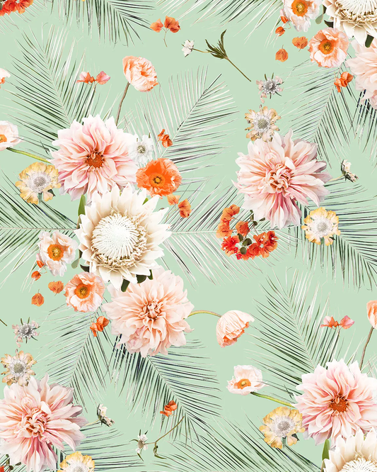 Palm Springs wallpaper mint floral with pink dahlias and palm fronds Samantha Santana Creative on Tampa Home & Garden Store
