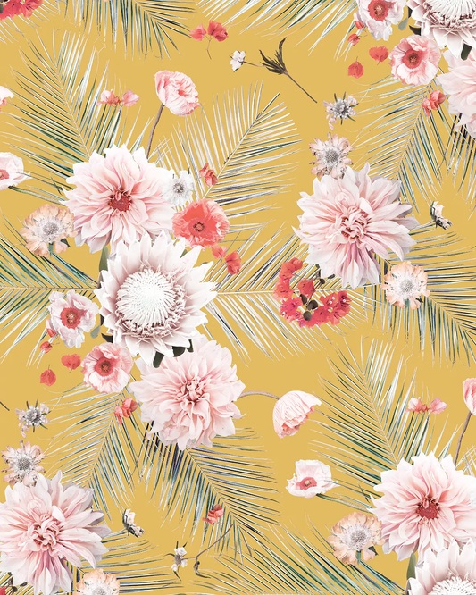 Wallpaper Palm Springs mustard floral artwork blooms and fronds by Samantha Santana Creative on Tampa Home & Garden Store