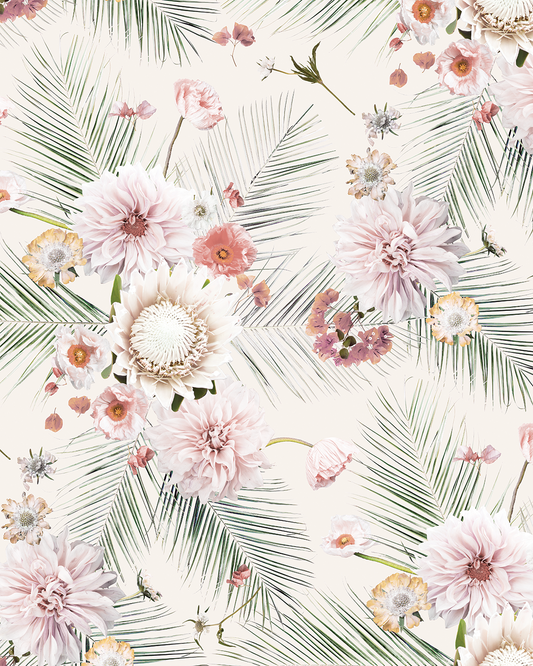 Palm Springs wallpaper off white floral artwork with pink blooms and palm fronds on Tampa Home & Garden Store