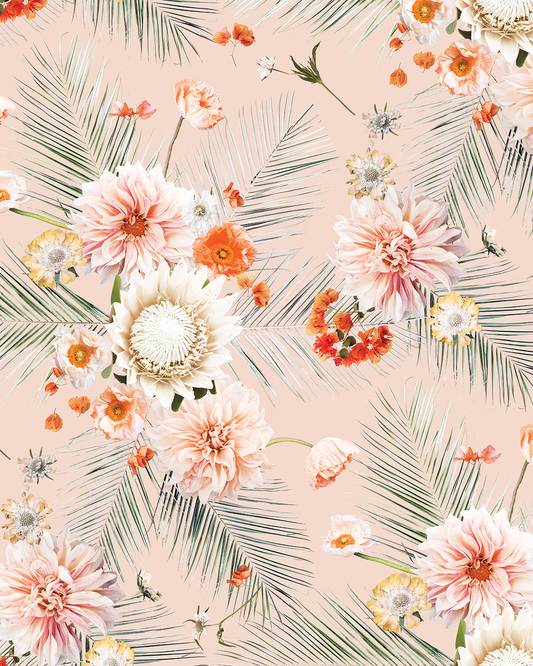 Palm Springs Peach Wallpaper floral artwork featuring peach blooms and palm fronds on Tampa Home & Garden Store