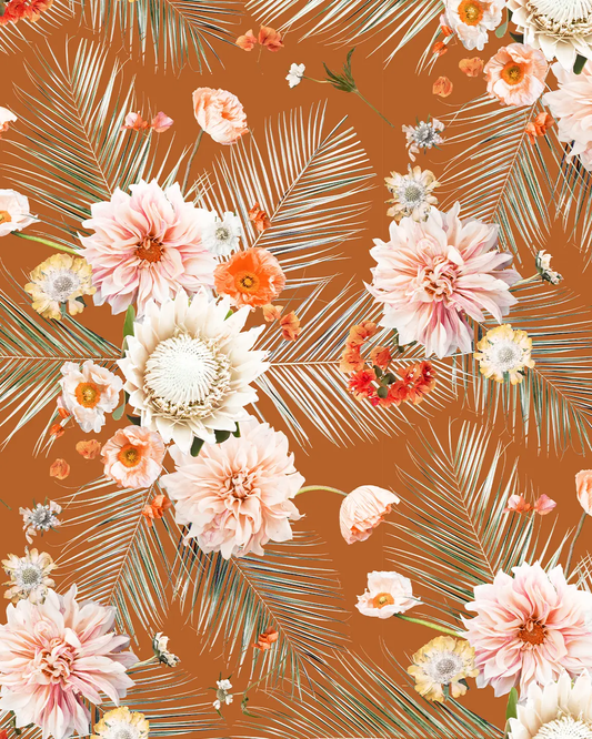 Wallpaper Palm Springs Desert Rust Floral Pattern with pink dahlias and palm fronds on Tampa Home & Garden Store