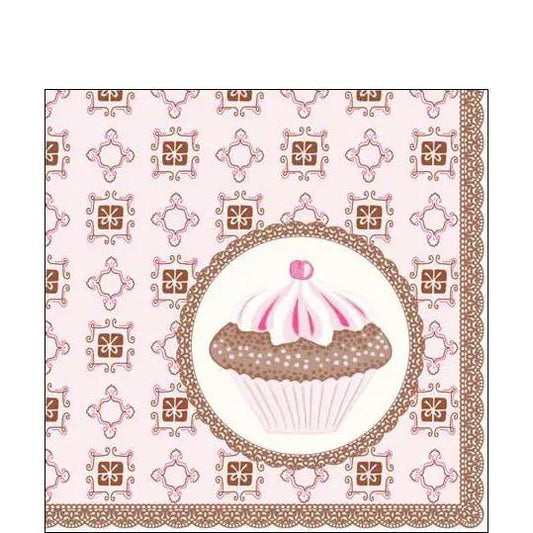 Muffin paper cocktail napkins with cupcake design, pink backdrop and brown lace border on Tampa Home & Garden Store