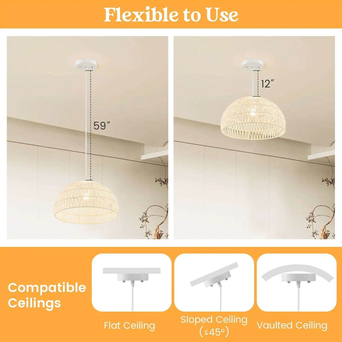 Farmhouse rattan pendant light with adjustable rope natural beige shade ceiling fixture on Tampa Home & Garden Store