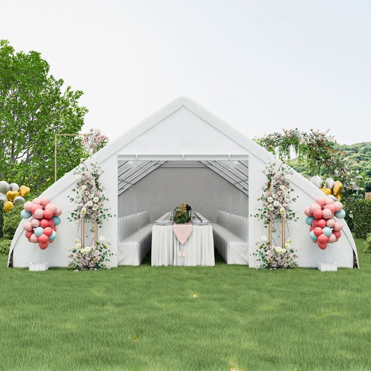 Peach shaped party tent canopy with zipper doors, white wedding canopy with floral arches on Tampa Home & Garden Store