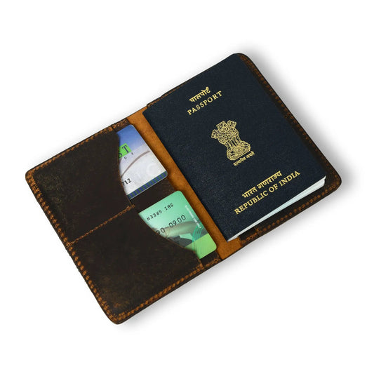 Passport Plus Slim Leather Travel Cover Brown wallet with passport and cards on Tampa Home & Garden Store