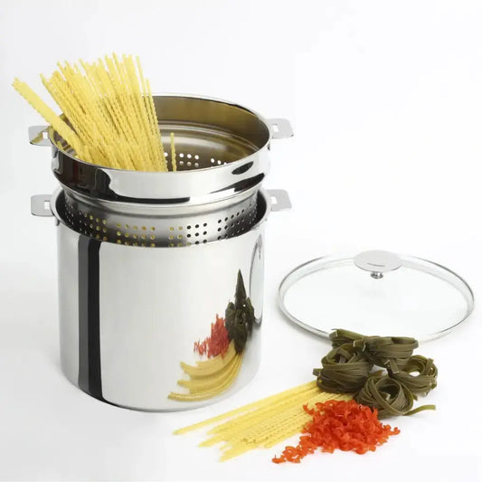 Pasta basket in polished stainless with detachable handle and perforated insert with lid on Tampa Home & Garden Store