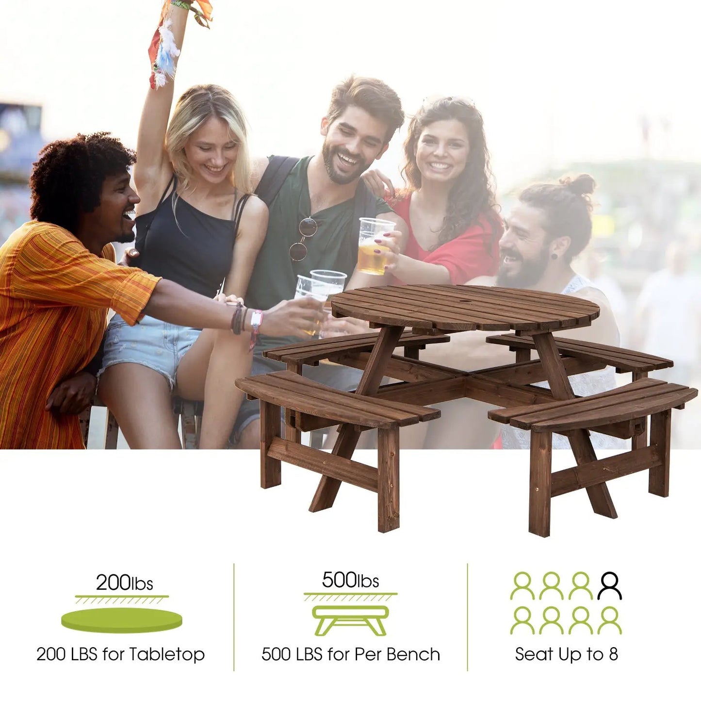 Patio 8 Seat Wood Picnic Dining Bench Set in brown-stained wood for outdoor use DirectDeals on Tampa Home & Garden Store