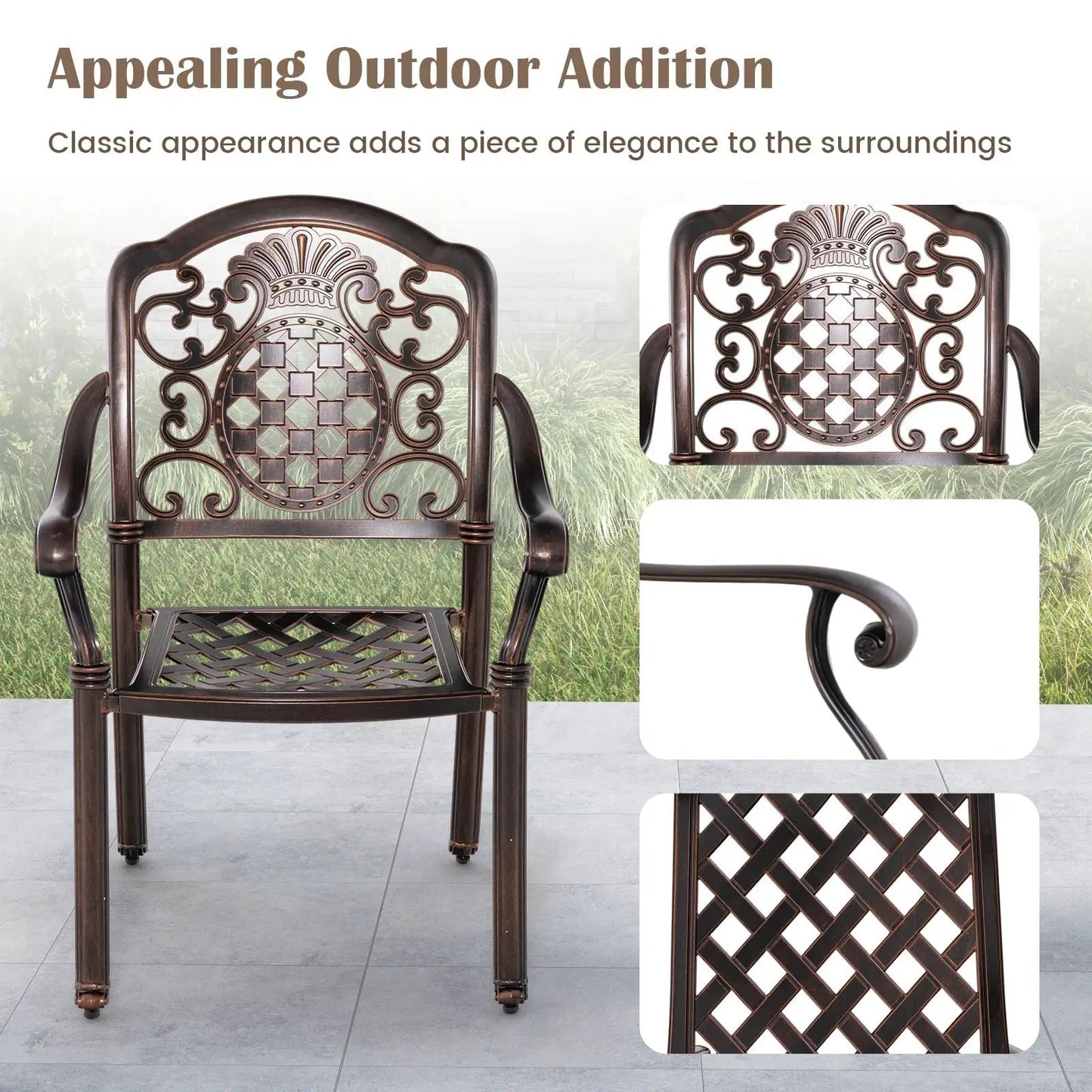 Patio cast aluminum dining chairs set of 2 copper finish with ornate backrest details on Tampa Home and Garden Store