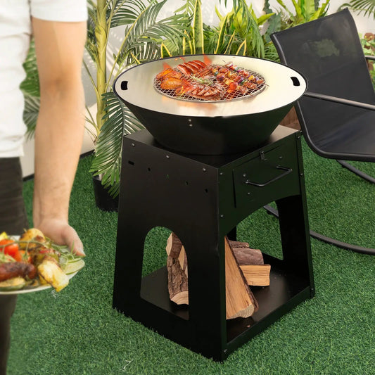 Patio Fire Pit with Firewood Log Rack with Grill and Ash Box-Black - Tampa Home & Garden Store