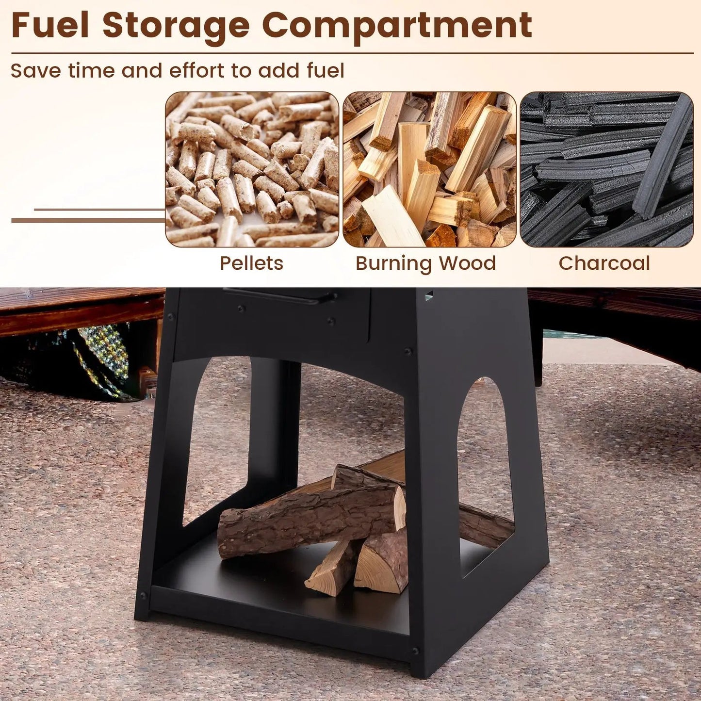 Patio Fire Pit with Grill and Log Rack by DirectDeals, black metal frame with log storage on Tampa Home & Garden Store