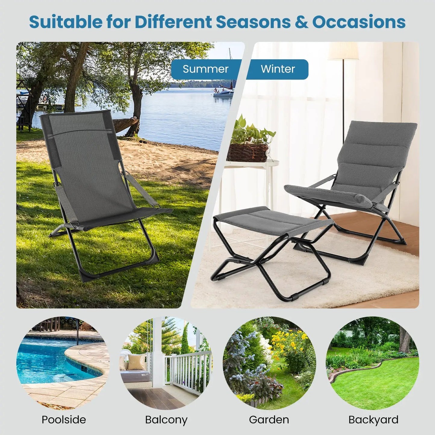 Gray folding sling chair with ottoman cushion for indoor outdoor use DirectDeals on Tampa Home & Garden Store