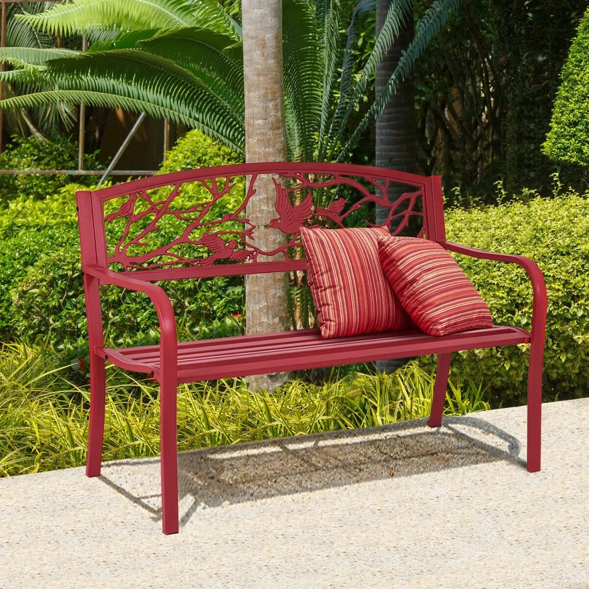 Patio Garden Bench red metal outdoor seating with ornate bird-backrest and striped cushions on Tampa Home & Garden Store