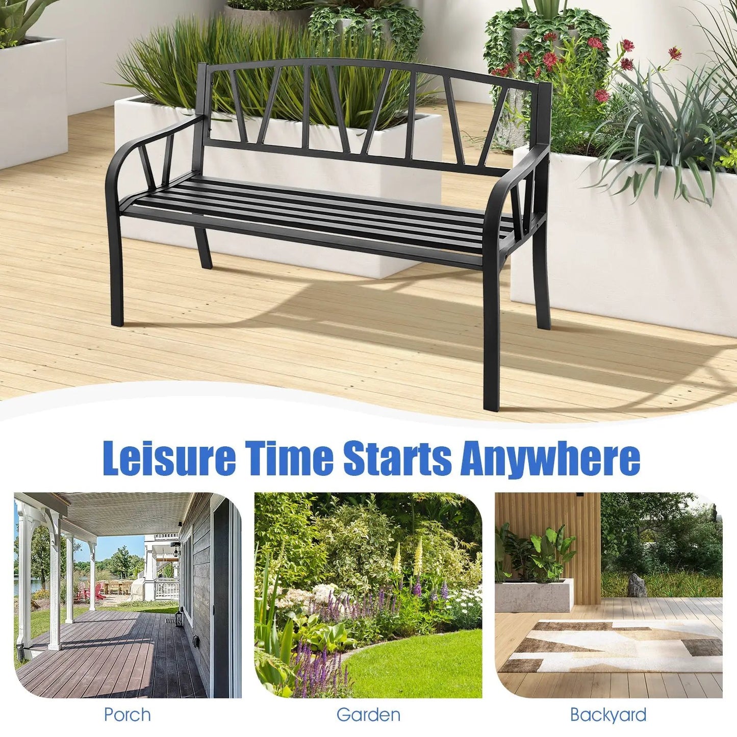 Patio garden bench with black metal frame and slatted seat DirectDeals on Tampa Home & Garden Store