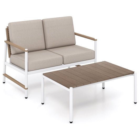 Patio Loveseat Sofa with Coffee Table Set with Thick Cushions - Tampa Home & Garden Store