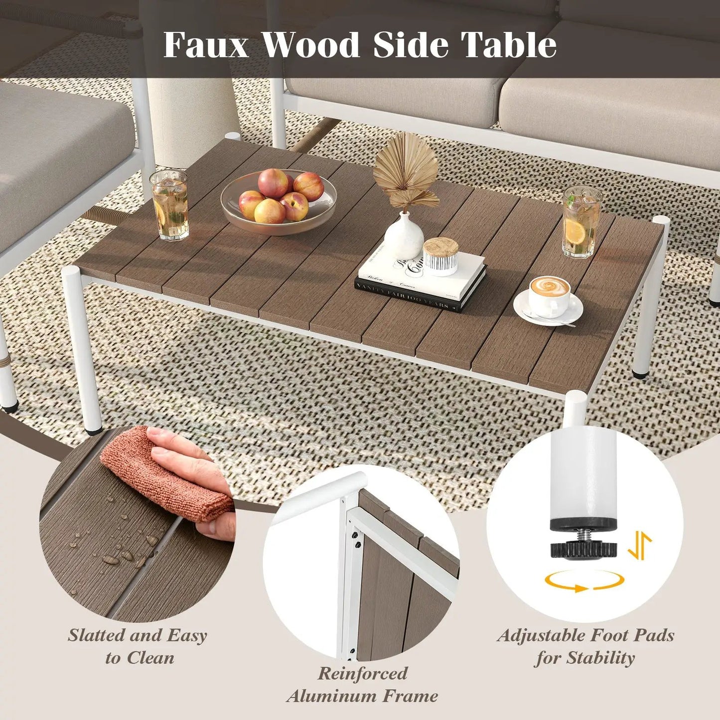 Patio Loveseat Sofa Set with Thick Cushions, white aluminum frame and brown slatted coffee table on Tampa Home & Garden Store