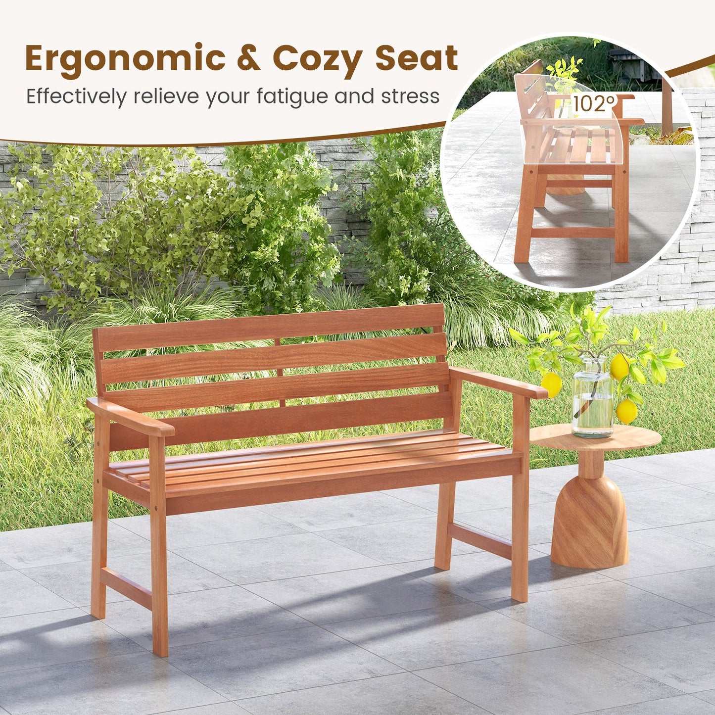 Patio Solid Wood Bench Wood 2-Seat Chair with Breathable Slatted Seat & Inclined Backrest - Tampa Home & Garden Store