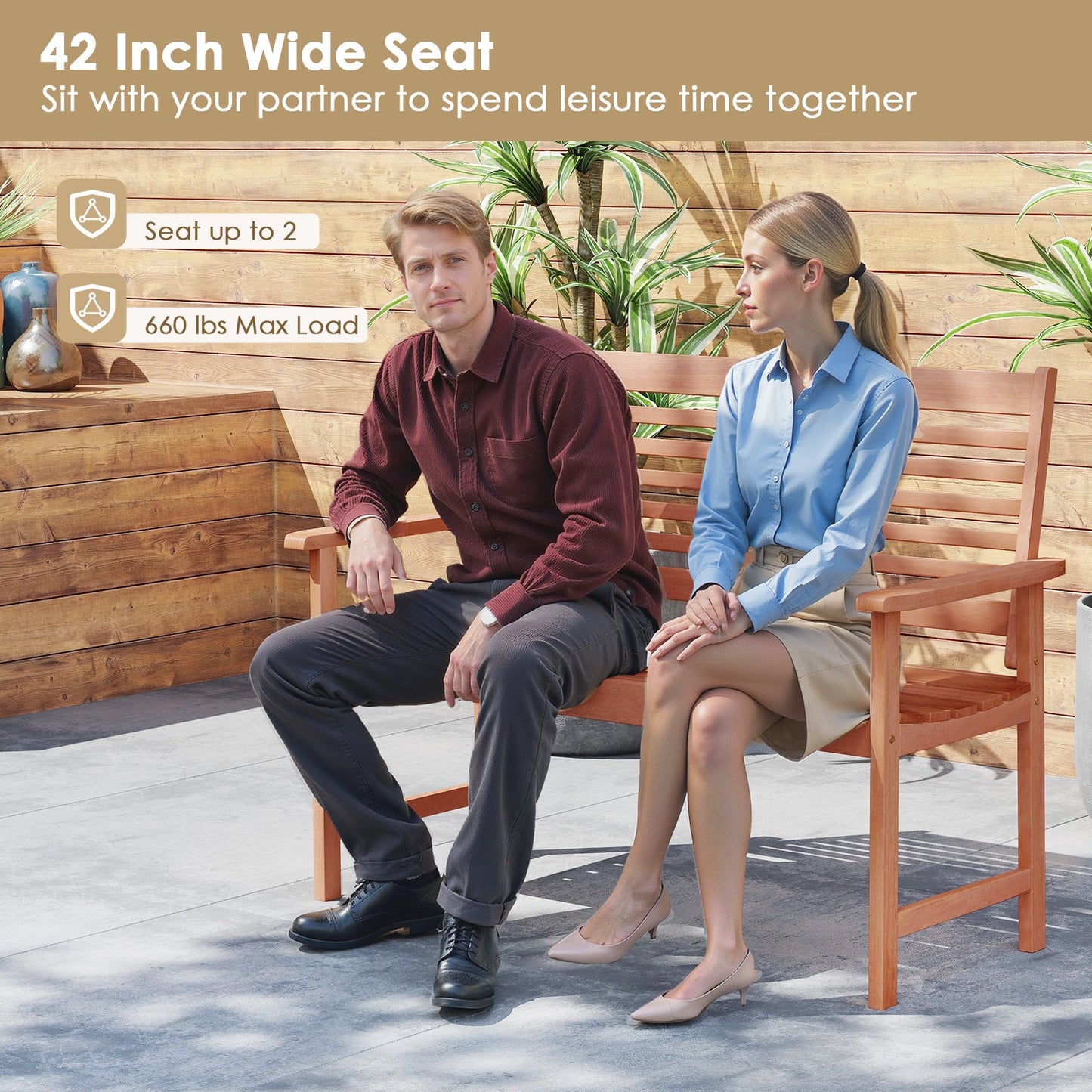 Patio Solid Wood Loveseat Outdoor 2-Seat Bench with Inclined Backrest and Slatted Seat