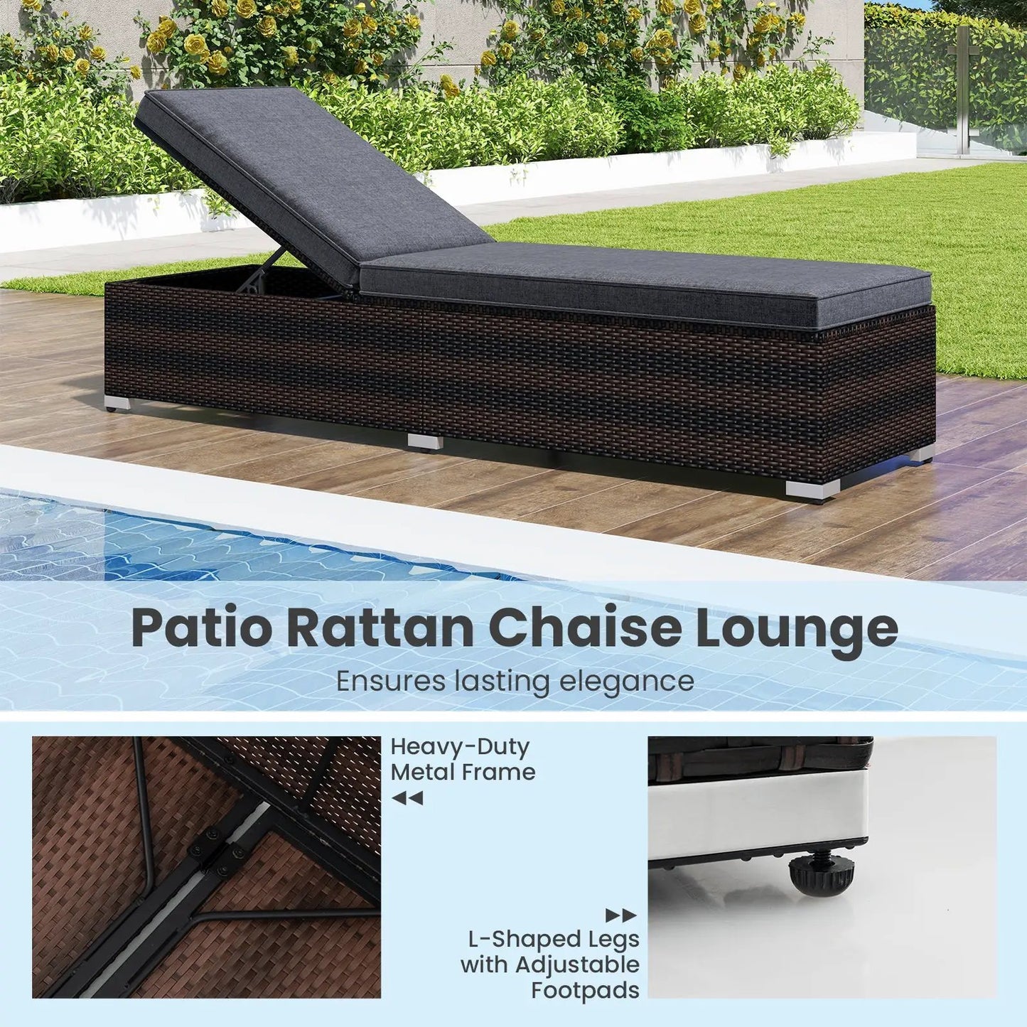 Patio Wicker Lounge Chair with Backrest, dark brown rattan frame, grey cushions on Tampa Home & Garden Store