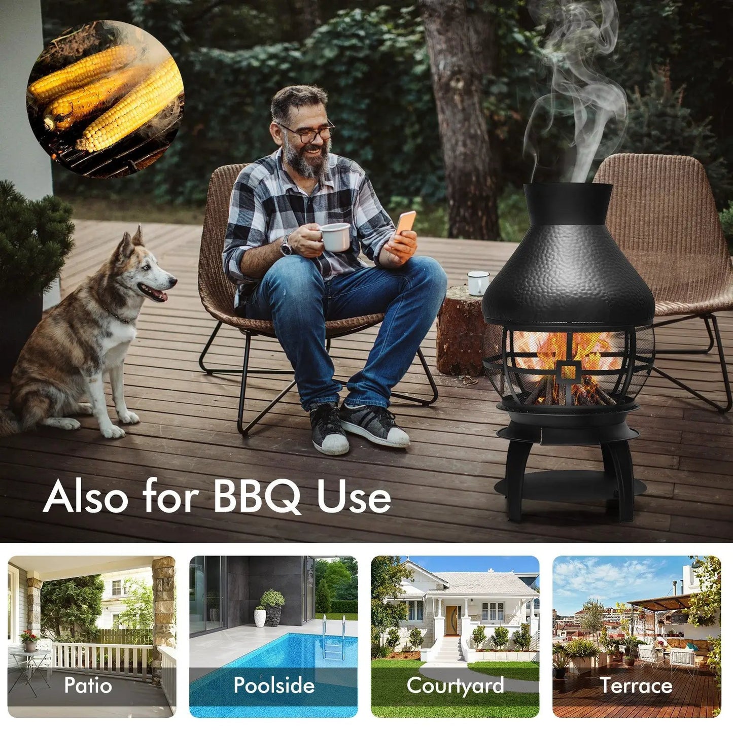 Patio wood-burning chiminea-style outdoor fireplace in black hammered metal with flames on Tampa Home & Garden Store