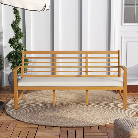 Patio 64 Inch Wood Bench with Seat Cushion and Slatted Seat for Backyard-Off White - Tampa Home & Garden Store