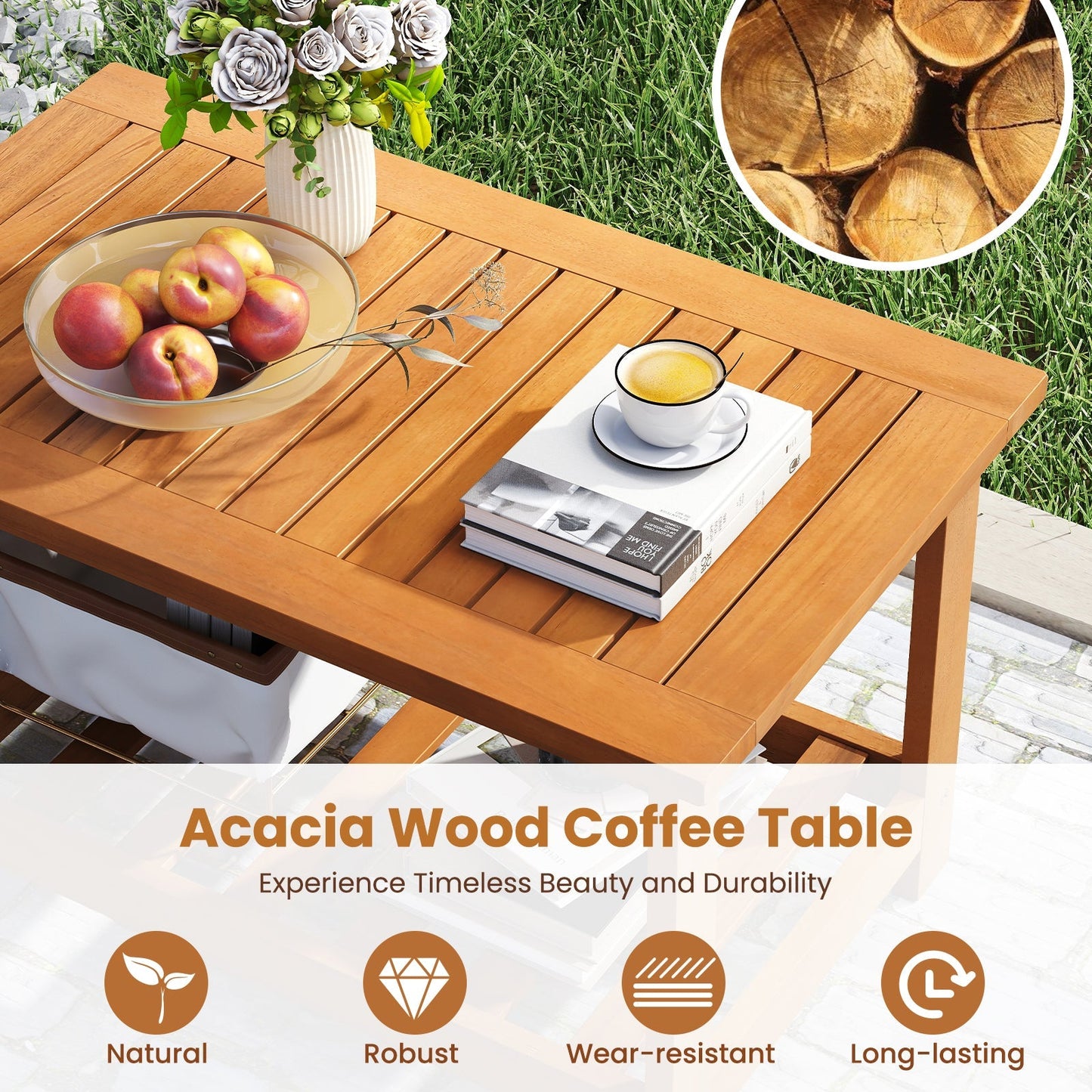 Patio Acacia Wood Coffee Table, 2-Tier Rectangular, with fruit bowl and espresso cup on Tampa Home & Garden Store