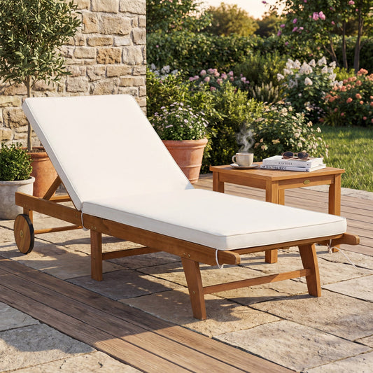 Patio Acacia Wood Lounge Chair Chaise Recliner DirectDeals with white cushion, wheels on Tampa Home & Garden Store