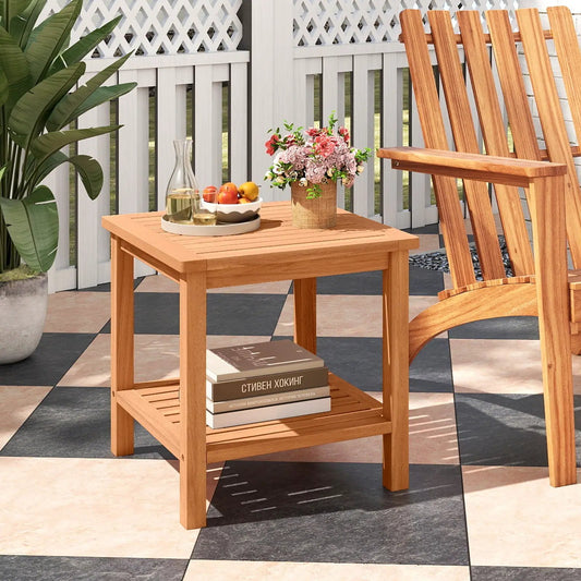 Patio Acacia Wood Side Table with Slatted Top and Lower Shelf on Tampa Home & Garden Store