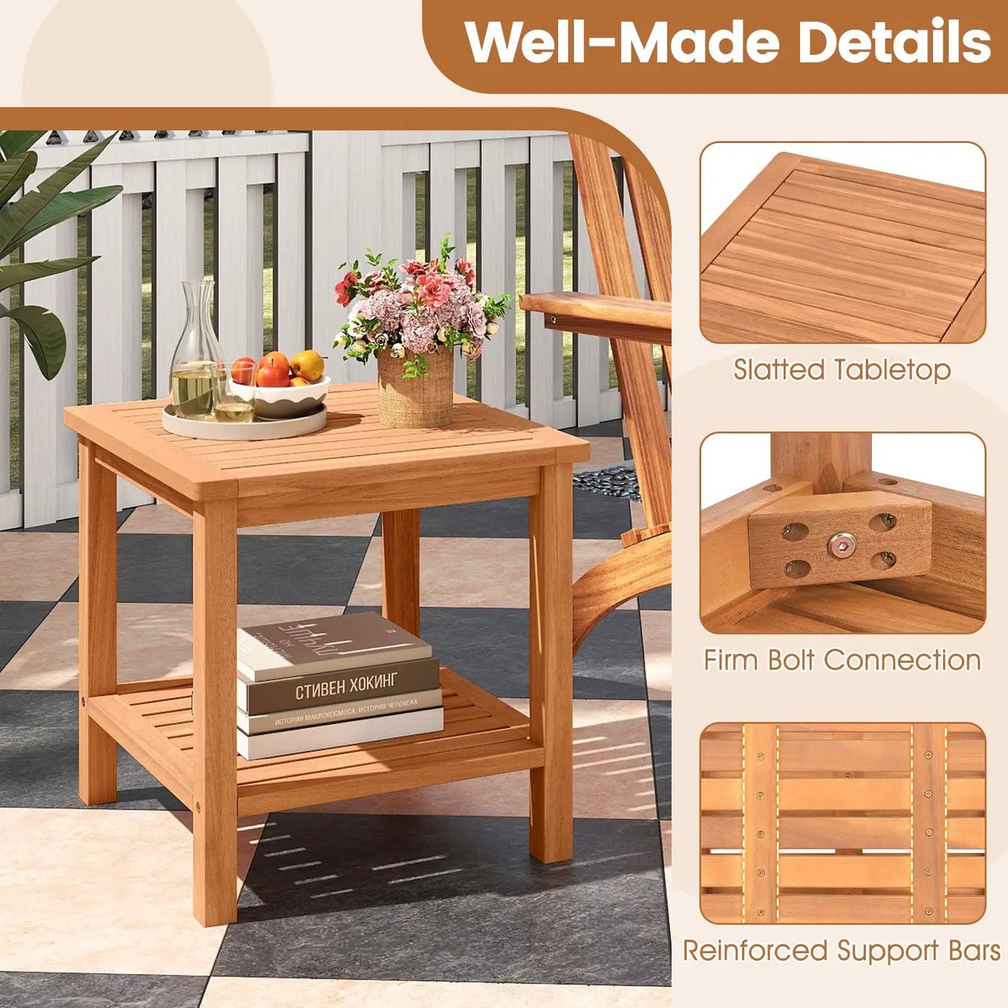 Patio Acacia Wood Side Table with Slatted Top in natural finish, DirectDeals poolside table on Tampa Home & Garden Store