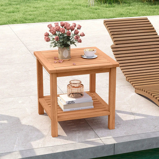 Acacia wood patio side table set of 2 with slatted top and lower shelf on Tampa Home & Garden Store