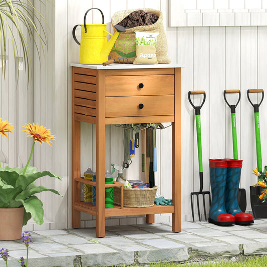 Patio Acacia Wood Storage Cabinet Patio Buffet Cabinet Bar Table with Faux Marble Countertop - Tampa Home & Garden Store